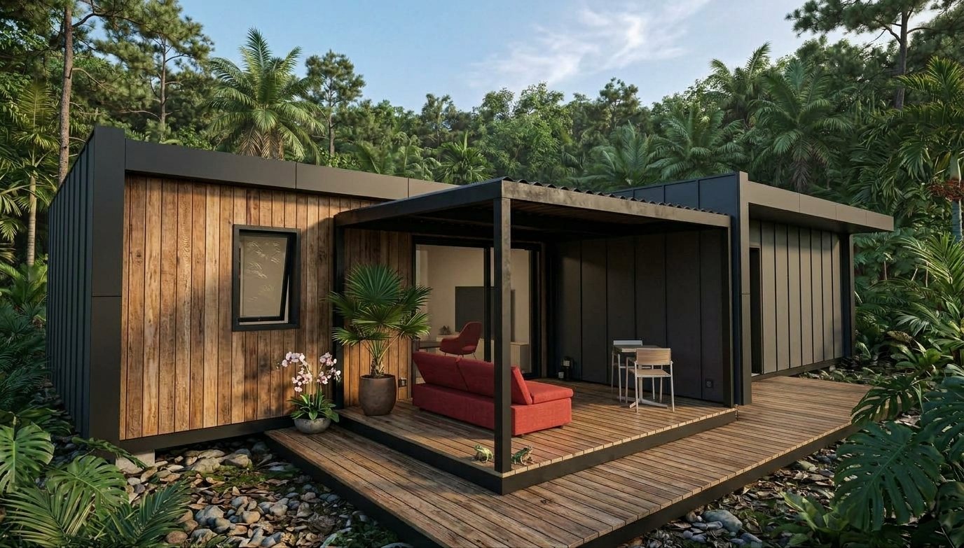 Render exterior de los apartamentos de vacaciones Puzzle, con terraza de madera y revestimiento de madera y metal